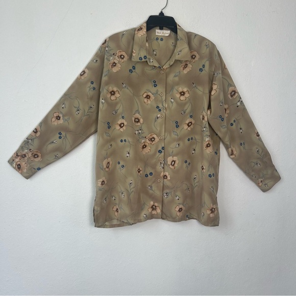 Naji Ahdoot Women Top Light Olive Floral Button-Up Blouse Long Sleeve Size XL - Picture 3 of 14